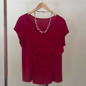 Top Elegant V-neck Red Shirred Short-sleeve | Size L